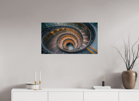 Fine art foto van de Bramante spiraaltrap in het Vaticaan, gezien van boven met warme verlichting en elegante architectonische details, geschikt als luxe wanddecoratie.