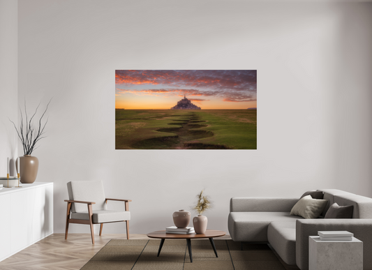 Mont Saint-Michel bij zonsopkomst met geulvormig grasland, dramatische wolkenlucht en gouden licht – mystieke Franse wanddecoratie.